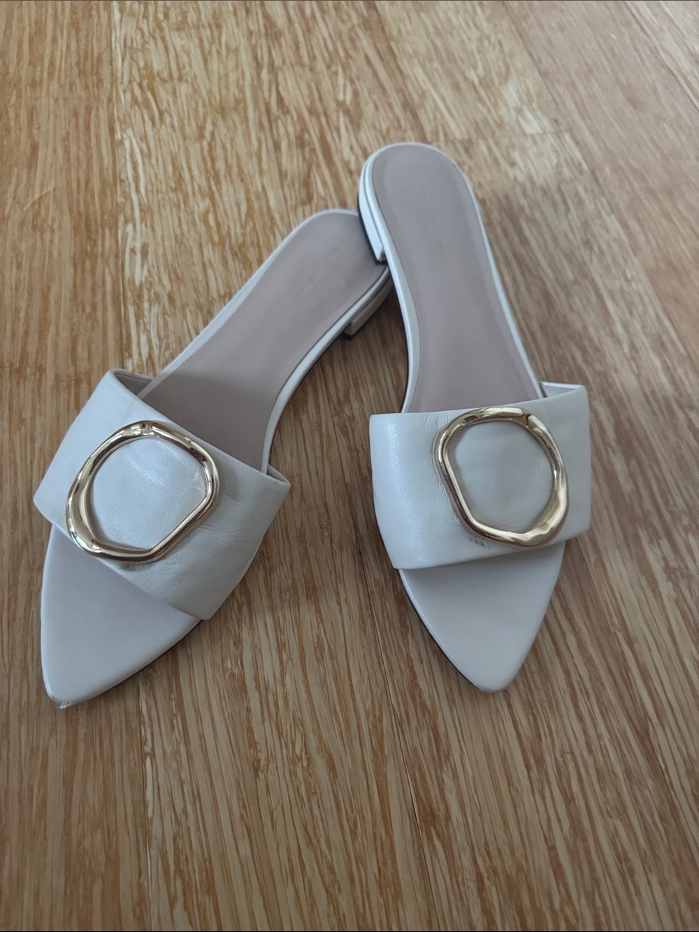 Something Navy Cream Pointed Slide Mules with Gold Ring